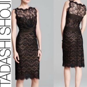 Tadashi Shoji Women's Black Nude Chantilly Lace Sleeveless MIDI Dress size 4